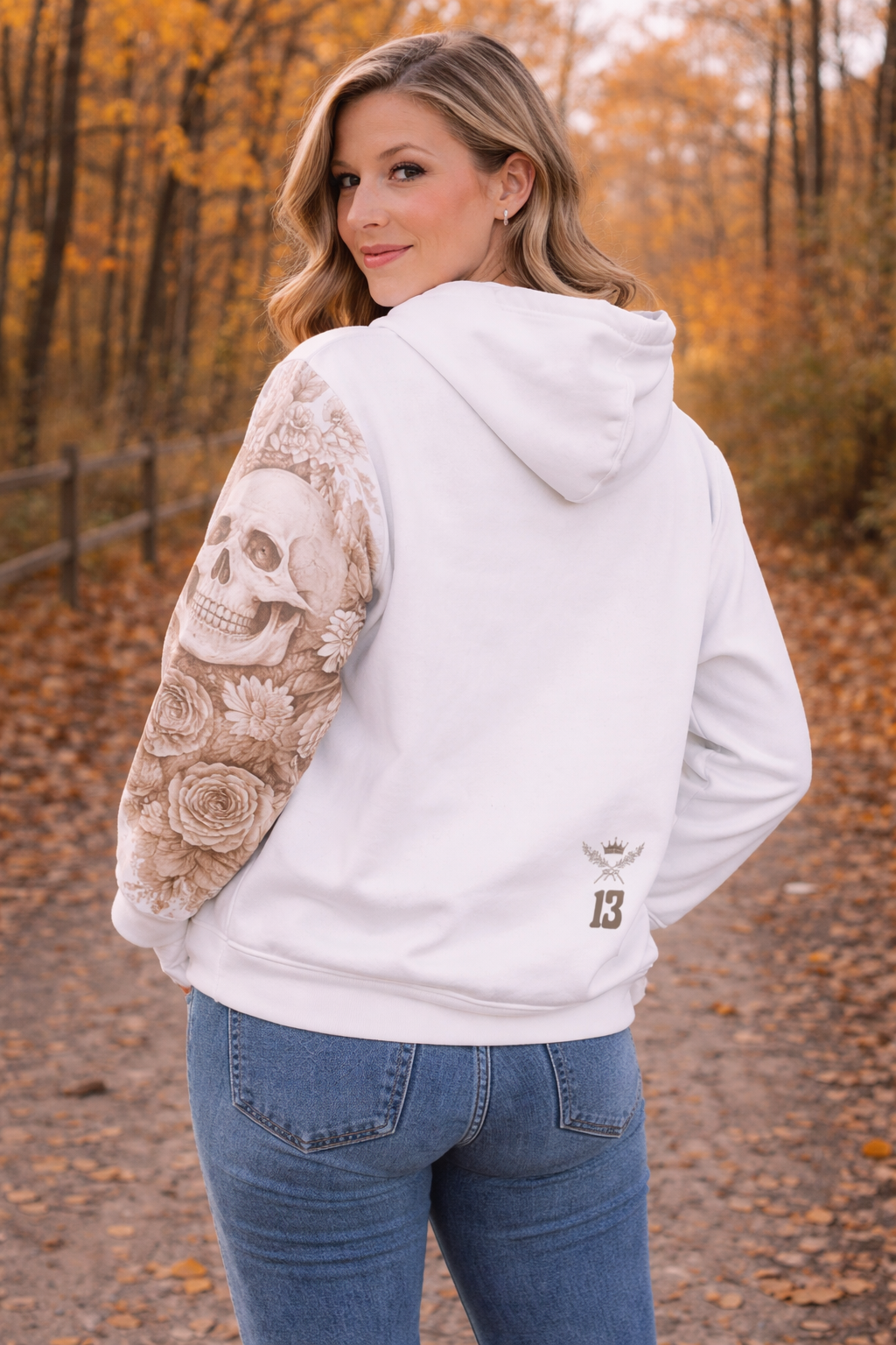 Skull & Roses Pullover Icon Hoodie — Sepia Sleeve Graphic Hoodie