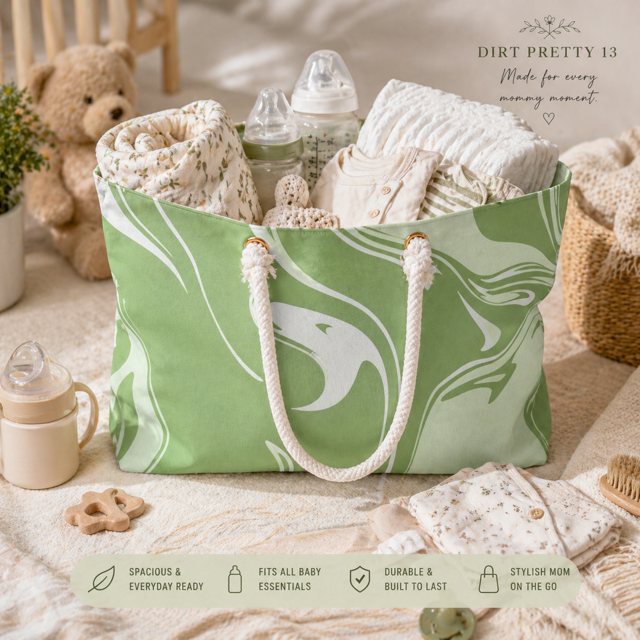 Matcha Green Aesthetic Tote Bag – Marble Print Everyday Travel Bag for Women