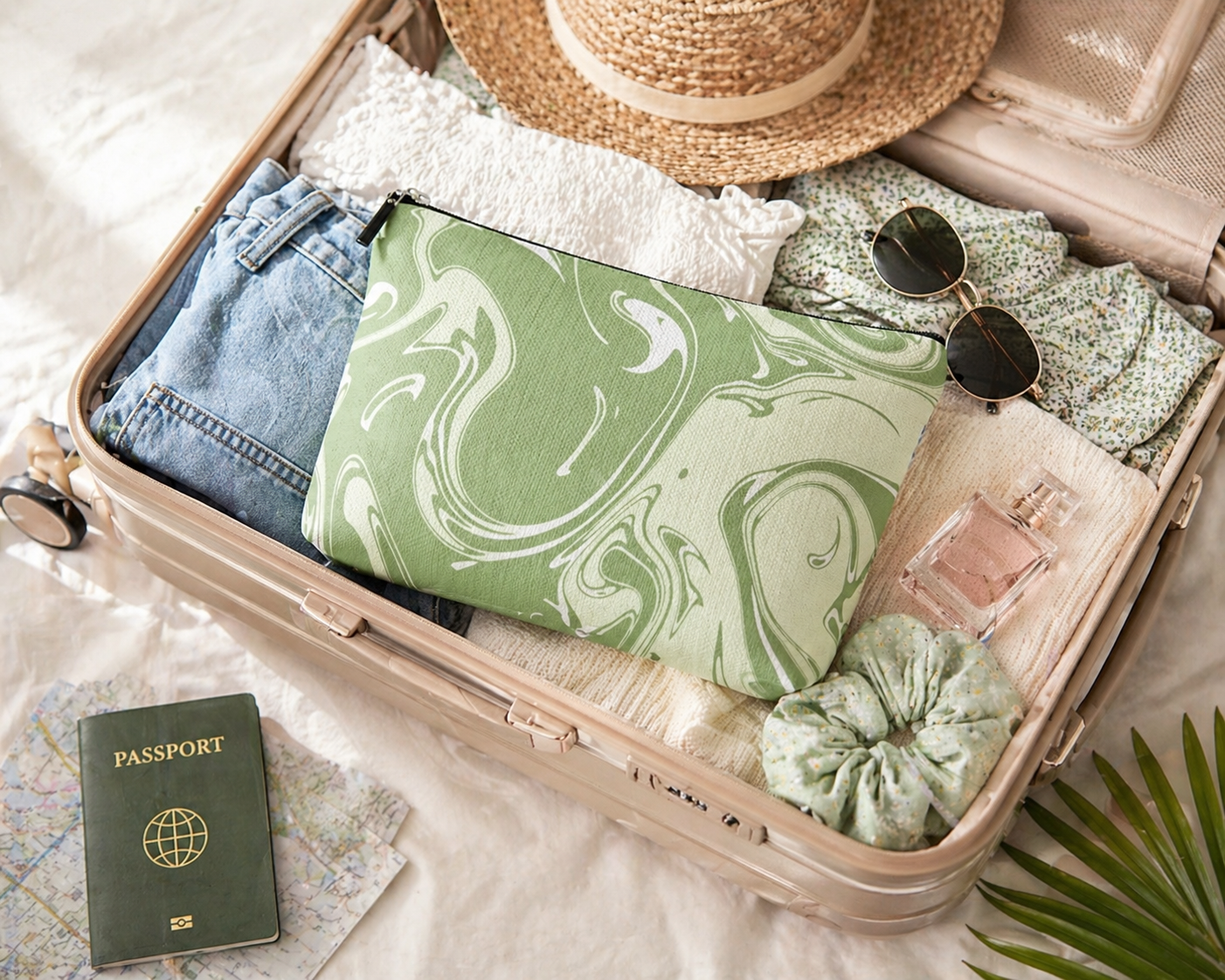 Marble Print Makeup Bag – Matcha Green Aesthetic Cosmetic Pouch for Travel