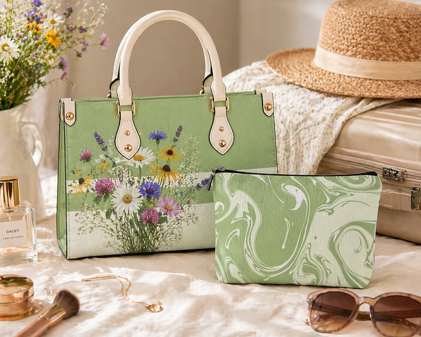 Marble Print Makeup Bag – Matcha Green Aesthetic Cosmetic Pouch for Travel