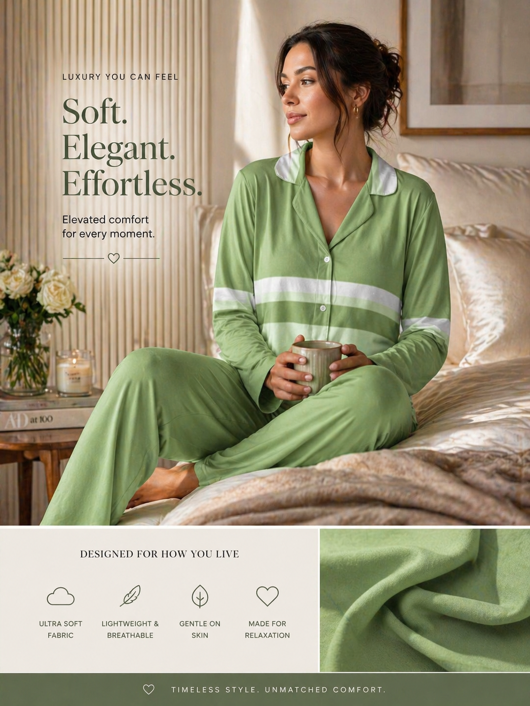 Matcha Green Loungewear Set for Women – Soft Long Sleeve Pajama Set (Sizes XS-4X)