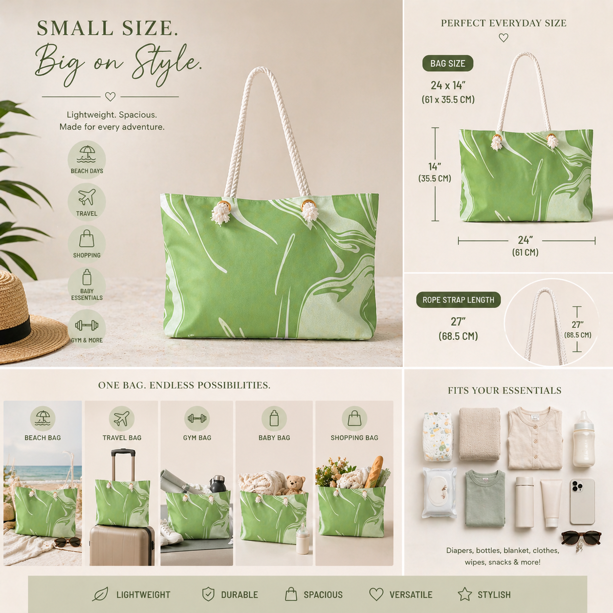 Matcha Green Aesthetic Tote Bag – Marble Print Everyday Travel Bag for Women