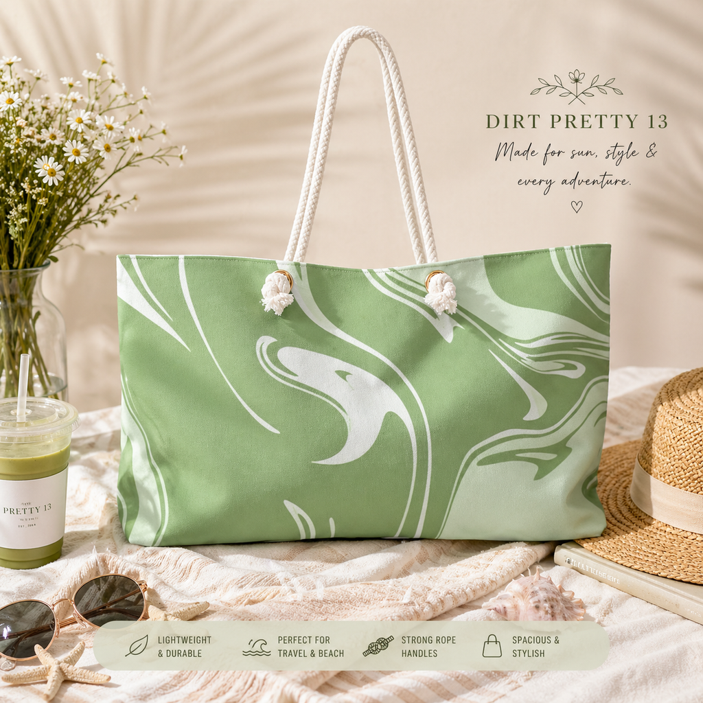 Matcha Green Aesthetic Tote Bag – Marble Print Everyday Travel Bag for Women