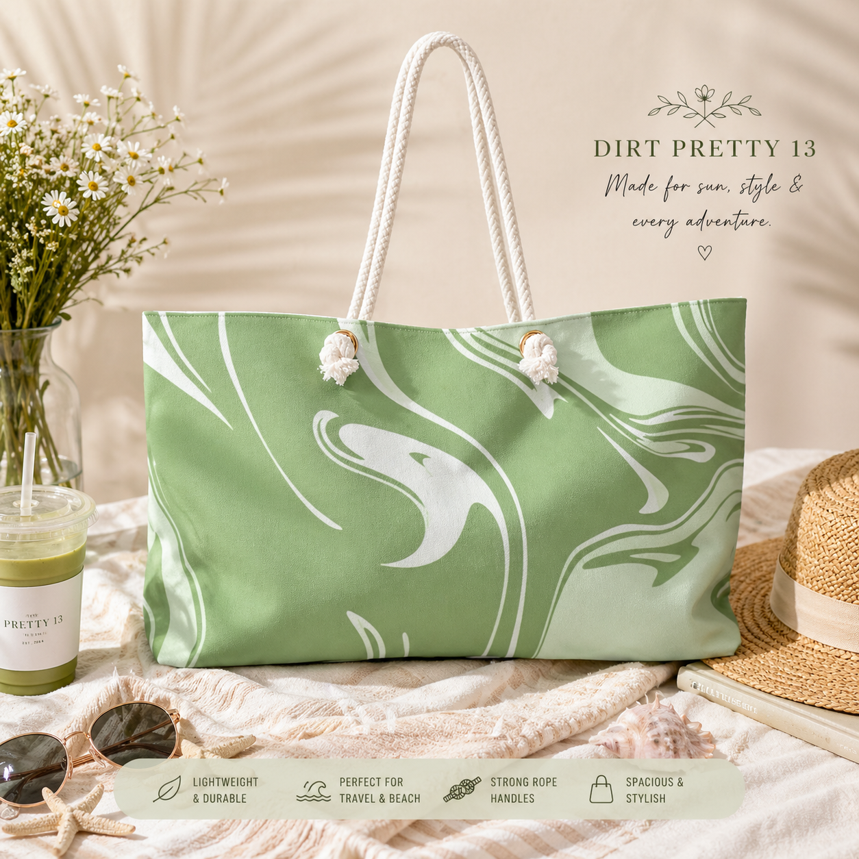 Matcha Green Aesthetic Tote Bag – Marble Print Everyday Travel Bag for Women