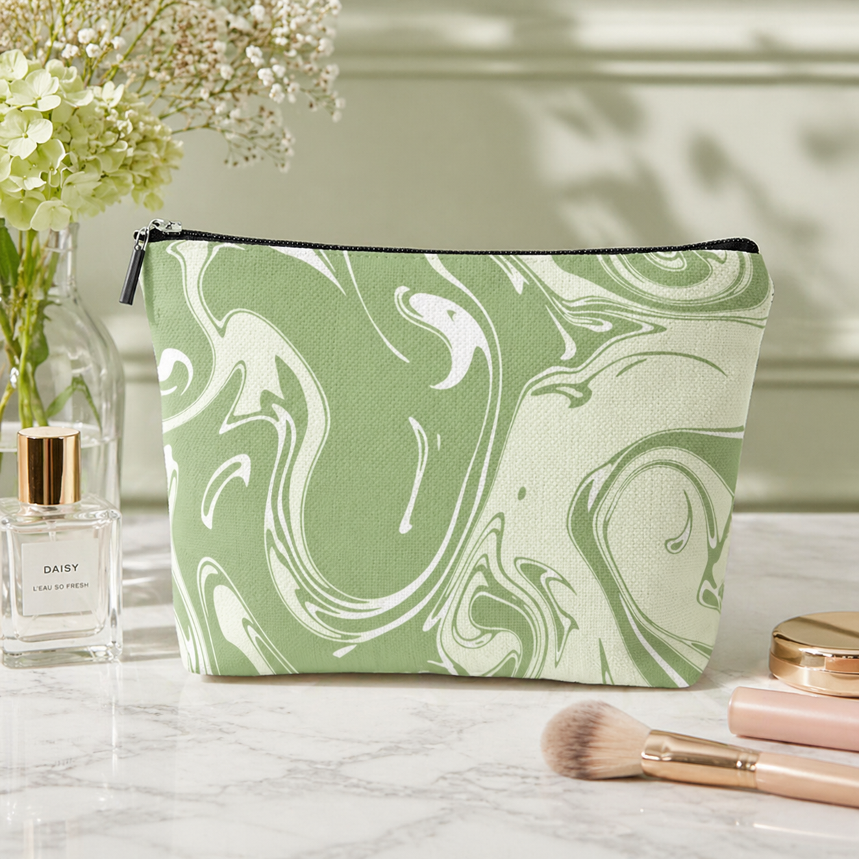 Marble Print Makeup Bag – Matcha Green Aesthetic Cosmetic Pouch for Travel