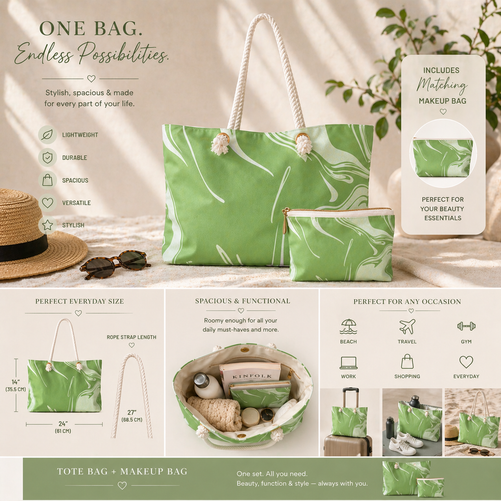 Matcha Green Aesthetic Tote Bag – Marble Print Everyday Travel Bag for Women